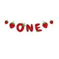 Close-up of ONE strawberry birthday banner with red glitter finish and green leaf details - Large & Small Strawberry ONE Banner