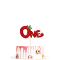 Close-up of red glitter strawberry ONE cake topper for a first birthday party decoration - Strawberry ONE Cake Topper (with Bamboo Stick)