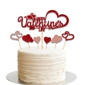 Set topper torta Happy Valentine's Day con cuori glitterati rossi e rosa - 1 Grande 6 Piccoli Cuori (Rosso)