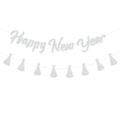 Close-up of Happy New Year silver glitter banner and star party hat bunting decoration - Silver Happy New Year + Hat Garland