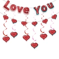 Valentine's Day decoration set featuring Love You banners and hanging red heart swirls - Red LOVE YOU Banner + 6 Heart Charms
