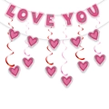 Detail of LOVE YOU hanging banner with pink heart swirls for wedding decoration - Magenta LOVE YOU + 7 Heart Charms