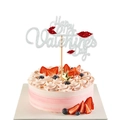Silver glitter Happy Valentine's Day cake topper with red lips on a berry cream cake - Silver Letters, Red Lips