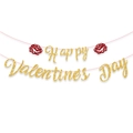 Golden glitter Happy Valentine's Day banner with red hollow roses on pink string - Gold Letter Banner