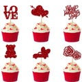6pcs red glitter Valentine's Day cake toppers with Love and heart designs for party decoration - Red Glitter Pre-assembled Style