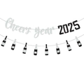 Sparkly silver Cheers 2025 glitter banner with champagne bottle party decorations - Black Silver Cheers Year 2026 Banner With Bottle Garland
