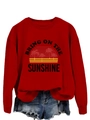 Close-up of the Bring On The Sunshine graphic on a red crewneck sweatshirt - S / Tops / Bright Red (Black Print)