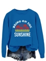 Detail of blue crewneck sweatshirt with Bring On The Sunshine graphic and palm tree print - Lake Blue (White Print)