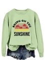 Detail of the vintage sun and palm tree graphic print on this casual green sweatshirt - Olive Green (Black Print)