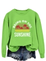 Close-up of Bring On The Sunshine slogan and sunset palm tree print on green sweatshirt - Fluorescent Green (White Graphic)