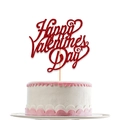 Topper per torta Happy Valentine's Day rosso glitterato con cuore su torta bianca - Stile Calligrafico (Stile 1)