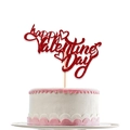 Topper per torta Happy Valentine's Day glitter rosso con cuore su torta bianca - Stile Font Artistico (Stile 3)