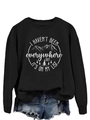 Detail of mountain graphic print and quote on black long-sleeve crewneck sweatshirt - Black (White Print)