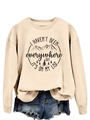 Detail of long sleeve sweatshirt featuring mountain print and distressed denim shorts - Sand (Black Print)