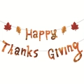 Striscione Happy Thanksgiving con foglie d'acero per decorazioni festive autunnali - Lettere Corsive del Ringraziamento (LQ01-422)