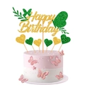 Golden glitter Happy Birthday cake topper set with hearts and butterflies decorations - Gold + Green
