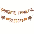 Thanksgiving banner set with Grateful Thankful Blessed letters, turkey and pumpkin accents - Thanksgiving Letter Banner Style