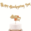 Golden glitter Happy Thanksgiving Day banner and maple leaf cake topper party set - Gold Happy Thanksgiving Day Banner And Cake Topper