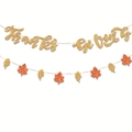 Glittery gold Thanksgiving banner and maple leaf garland set for autumn party decorations - Thanksgiving Banner + Maple Leaf Garland Combo