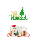 Christmas cake topper with Feliz Navidad text and glittery tree for festive party decor - Gold Feliz Green Navidad Style