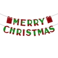 Glittery Merry Christmas banner with red and green striped letters and gift box icons - Red and Green Glitter Merry Christmas Banner