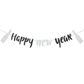 Banderole Happy New Year pailletée noir et argent avec bouteilles pour décoration 2026 - Bannière Happy New Year Noir Argent avec Bouteille de Vin Argentée