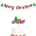 Set striscione Merry Christmas glitterato con albero di Natale e decorazioni per torta - Set di Banner Merry Christmas Rosso e Albero di Natale Verde Con Cake Topper