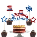 Independence Day themed glittery Happy Birthday cake topper set with American flag stars - Set of 1 Large and 4 Small Toppers (1 Large 4 Small Independence Day Birthday Cake Toppers)