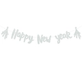 Banderole argentée pailletée Happy New Year pour décoration de fête du Nouvel An 2026 - Bannière Happy New Year Argent avec Ruban Argenté