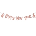Bannière Happy New Year pailletée or rose avec glands pour décor de fête du Nouvel An - Bannière Happy New Year Or Rose avec Ruban Or Rose