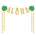 Hawaii Aloha Party Girlande mit goldenem Glitzer Ananas und grünen Monstera Blättern - Hawaiisches Aloha Banner Set (LQ)