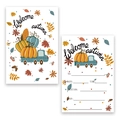 Biglietti invito festa raccolto autunnale con zucche arancioni e camioncino blu vintage - Set Di 10 Biglietti D'invito Fronte-retro Con Auto E Zucca In Stile Cartone Animato.