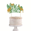 Adorno para tarta Wild One con animales dorados brillantes y hojas verdes tropicales - Tema de la Selva Verde Wild One Animales Dorados