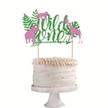 Glitzernde Wild One Kuchendekoration mit Tiersilhouetten und tropischen Palmblättern - Dschungel Thema Grün Wild One Rosa Tiere