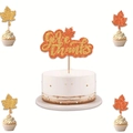 Glittery Give Thanks cake topper set with orange maple leaves for Thanksgiving party - Set / Golden Orange