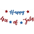 Detail of glitter Happy 4th of July banner with red and blue stars on a white background - Happy 4th Of July Banner
