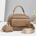 Elegant apricot leather crossbody square bag with stylish geometric woven strap and charm - Khaki