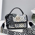 Chic cream square handbag with blue M-pattern print and stylish geometric wide shoulder strap - Black