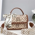 Brown and beige small square bag with M-pattern, silk scarf and wide shoulder strap - Brown