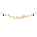 Striscione glitter Merry Christmas con alberi verdi e fiocchi di neve argentati - Fiocco di Neve Bianco Albero Verde + Striscione Merry Christmas Oro