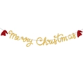 Glittering golden Merry Christmas banner with red Santa hats for festive holiday party decor - Red Hat + Gold Merry Christmas Banner