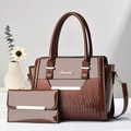 Dark brown patent leather tote with crocodile texture and matching wallet set - Brown