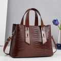 Elegant crocodile pattern brown tote bag with metal hardware and adjustable strap - Brown