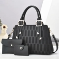 Three-piece black tote bag set with textured geometric embossing and gold hardware - Black