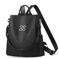 Eleganter schwarzer Damen-Rucksack aus Nylon mit silbernem Ring-Logo auf weißem Hintergrund - Runder Metall-Logo-Stil (Stil 2)