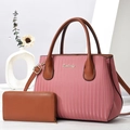 Ensemble sac cabas en cuir PU à rayures roses avec portefeuille marron assorti - Grand Sac (29x14x23cm) + Portefeuille (19x2x11cm) / Rose