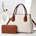 Ensemble 2 pièces cabas en cuir PU avec anses marron contrastées et portefeuille assorti - Grand Sac (29x14x23cm) + Portefeuille (19x2x11cm) / Blanc Cassé