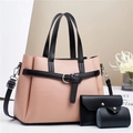 Three-piece women's set with pink pebbled tote, black wallet and round coin purse - Pink