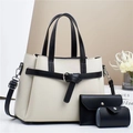 Detailed set of three contrast color women's bags with tote, pouch, and barrel charm - Off White