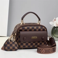 Bolso clásico de mujer con estampado de cuadros, flores y pequeño colgante a juego - Cuadros Café